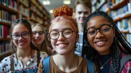 Fototapeta premium Group of students or friends studying together in a quiet library atmosphere, suitable for education, research, and social media content