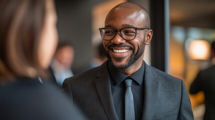 Fototapeta premium A successful young man smiles and shakes hands with an European businessman after successful negotiations or an interview in the office.