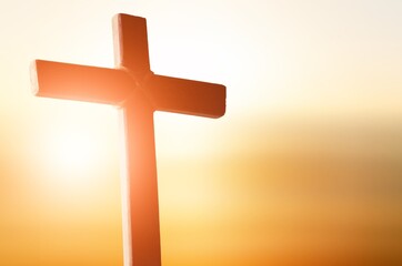 Golgotha hill and wooden cross on sky background