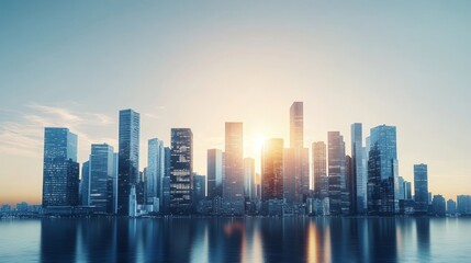Fototapeta premium The skyline of a high rise in the big city, covered in huge glass windows. Aerial view of reflective skyscrapers. Stock photo.