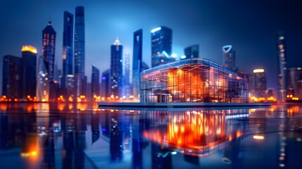 Obraz premium Midnight Glow: Illuminated Glass Building in Urban Night Cityscape