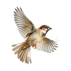 Sparrow bird flying down view isolated on transparent background cutout PNG