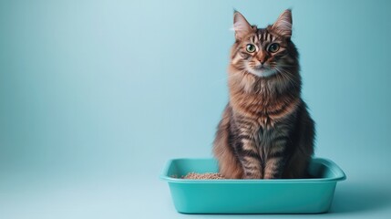 Fluffy Cat Sitting in Litter Box, Pastel Colors
