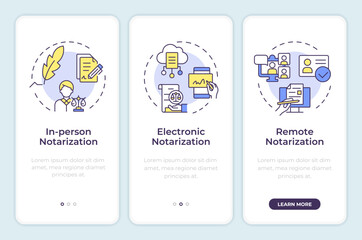Notarization methods onboarding mobile app screen. Walkthrough 3 steps editable graphic instructions with linear concepts. UI, UX, GUI template. Montserrat SemiBold, Regular fonts used