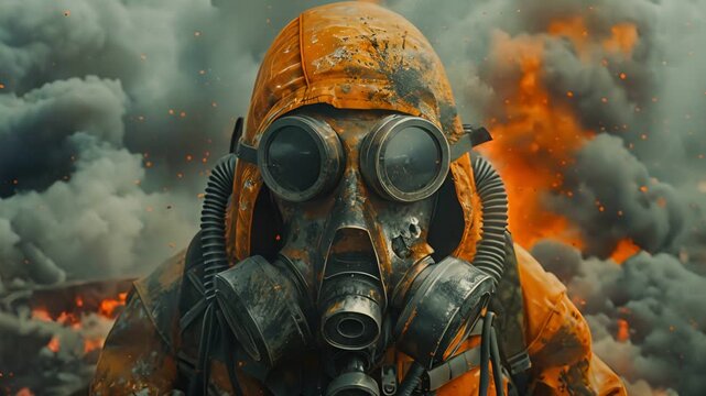 A hooded figure wearing a gas mask stands amidst a fiery, apocalyptic backdrop.