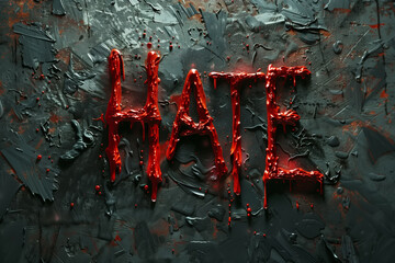 Blood-red word hate painted on dark textured background at night time