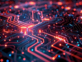 Fototapeta premium Abstract digital circuit board with glowing red and blue lights.