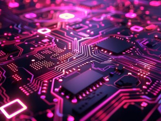 Obraz premium Close up of a glowing pink circuit board, representing technology and innovation.
