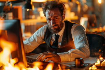 A bearded man working late at night in his office with flames in the foreground
