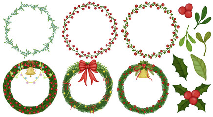 Set of Christmas Wreath plants, floral, frame. Cut out hand drawn illustration on transparent background. Watercolor clipart drawing.