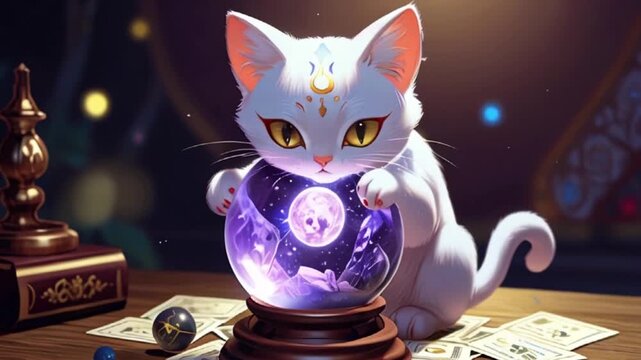 white cat fortune teller with crystal ball video , AI generated