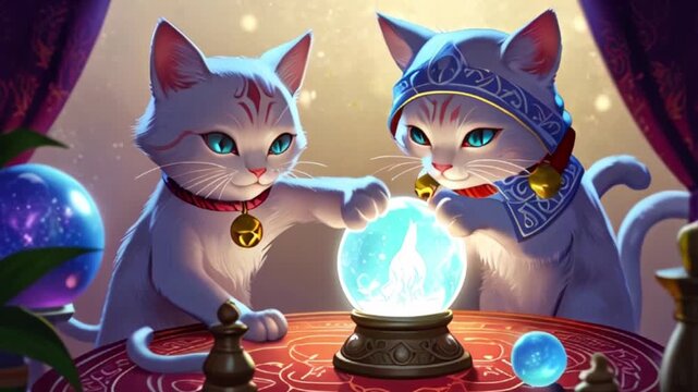 two white cats fortune tellers with a crystal ball video , AI generated