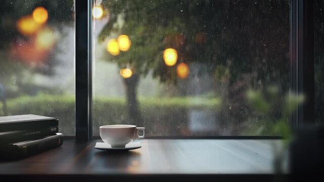 Rain and raindrops falling on the window glass, hot coffee and a book on a cozy cafe table, comfortable rest and ASMR of the sound of rain, emotional scenery of rain
