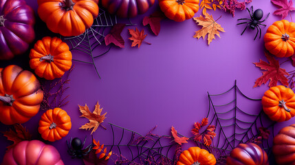 Vibrant Halloween scene with colorful pumpkins, autumn leaves, and spider webs against a rich purple backdrop