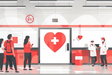 Hospital waiting area with heart health symbols symbolizing healthcare services patient care and medical facilities.
