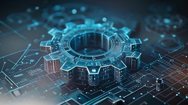 A futuristic gear made of wireframe  with a blue glow background. It can be used for technology, industry, and innovation concepts.
