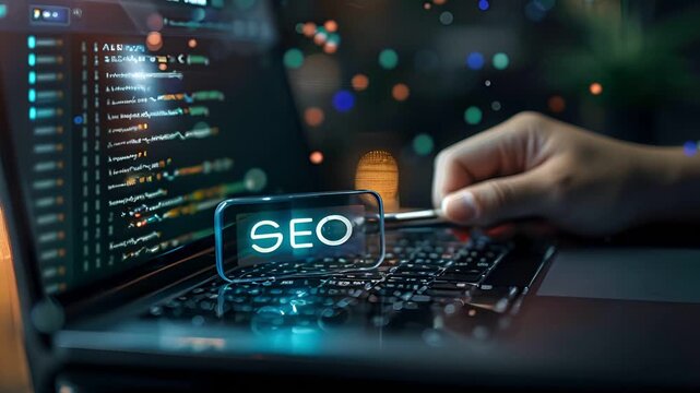 A close-up of hands typing on a laptop keyboard with the word "SEO" glowing above the keys.  A computer screen with code is visible in the background.