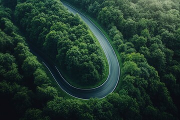 Aerial view asphalt road on green forest, Curve asphalt road on mountain green forest, Countryside road passing green forrest and mountain , ai