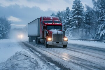 Semi-truck with a large trailer in motion on a highway winter road