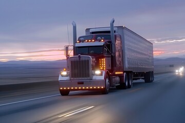 Semi-truck with a large trailer in motion on a highway