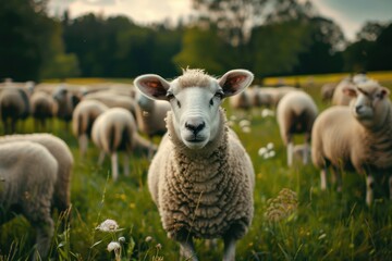 Fototapeta premium Sheep on pasture. Group of sheep in meadow. One sheep looking at camera and herd in background