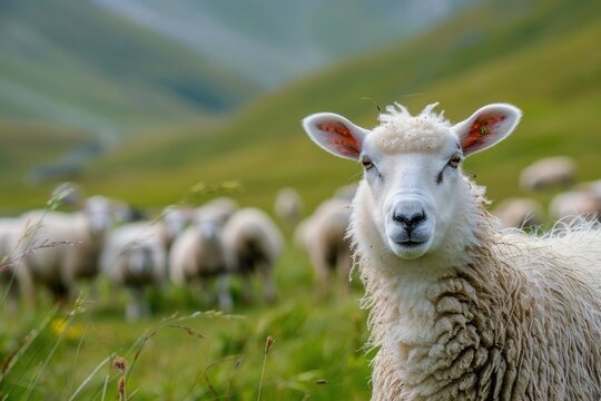 Sheep on pasture. Group of sheep in meadow. One sheep looking at camera and herd in background