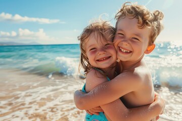 Siblings hugging at the beach on a sunny day on vacation. Cute smiling siblings hugging on beach