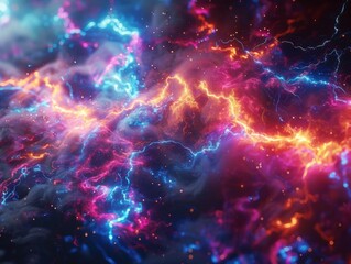 Fototapeta premium Abstract background with vibrant electric lightning bolts in blue, orange and pink colors.