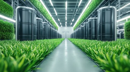 A long hallway with green grass and black barrels