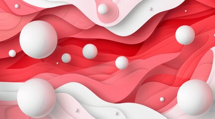 A vibrant and eyecatching design that showcases dynamic flowing red and white waves accompanied by floating spheres