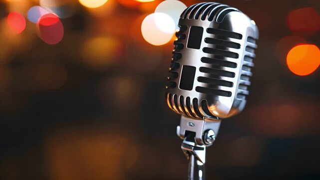 A vintage microphone on a stage with a blurred background of lights.  The microphone is ready for a performance.  A classic symbol of music and entertainment.