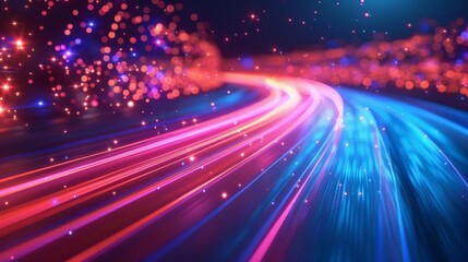 Fototapeta premium Abstract background with swirling blue and red light trails and glowing particles.