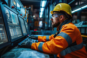 The drilling rig master monitors the process of drilling an oil well on the computer screen. Generated by artificial intelligence