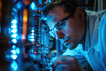 An engineer calibrates a device using the latest technology in a modern laboratory. Authentic workflow.