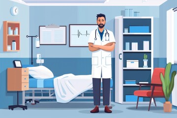 Doctor standing in a hospital room with medical equipment symbolizing healthcare patient care and professionalism.
