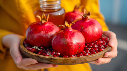 Woman in yellow clothes holding tray with organic red pomegranates and honey jar in a garden setting. Rosh Hashanah concept.