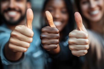 Close up of group of diverse people showing raised thumbs at camera as gesture of recommendation or good choice. Professional multicultural team demonstrates satisfaction , ai