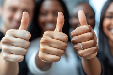 Close up of group of diverse people showing raised thumbs at camera as gesture of recommendation or good choice. Professional multicultural team demonstrates satisfaction , ai
