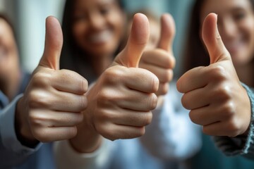 Close up of group of diverse people showing raised thumbs at camera as gesture of recommendation or good choice. Professional multicultural team demonstrates satisfaction , ai