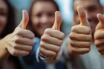 Close up of group of diverse people showing raised thumbs at camera as gesture of recommendation or good choice. Professional multicultural team demonstrates satisfaction , ai