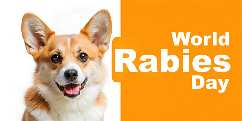Cute long-eared corgi dog reminds you to vaccinate pets against the rabies virus. International Rabies Day. Taking care of pets can save a human life. Banner with text on orange background.