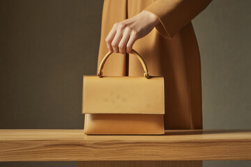 Close-up of an elegant beige handbag being held by a person in a minimalist setting, showcasing refined fashion and simplicity, in quiet luxury style