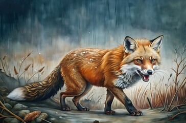 Obraz premium A dangerously aggressive red fox came out of the woods toward the humans. Beware of wild animals, danger of infection, the bite of sick animals transmits the rabies virus. International Rabies Day.