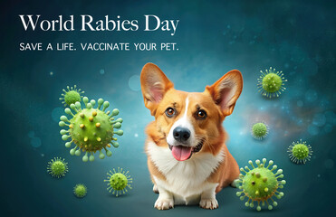 Cute long-eared corgi dog reminds you to vaccinate pets against the rabies virus. International Rabies Day. Taking care of pets can save a human life.