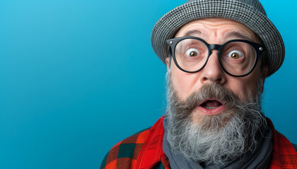 Close-up portrait of an older man with a surprised expression, wearing glasses, a hat, and a checkered shirt, against a blue background, suitable for backgrounds and humorous themes