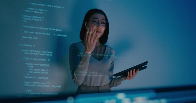 Group adult Asia female software developer mentor leader manager talk strategy plan to executive write prompt AI bot IT app program nomad, video game, designer, data center. Projecting slideshow code.