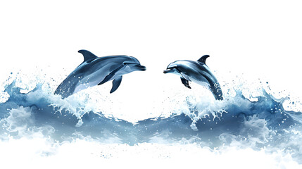 playful dolphins jumping over breaking waves. hawaii pacific ocean wildlife scenery. marine animals in natural habitat isolated on white background, vintage, png