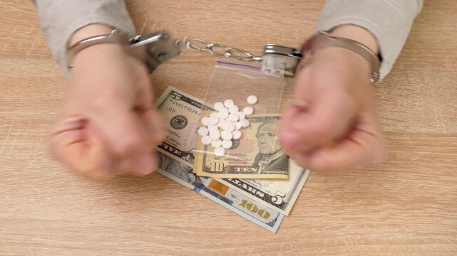 Woman in handcuffs with medicine and dollars. The concept of drug addiction. Drug crime. Slow motion
