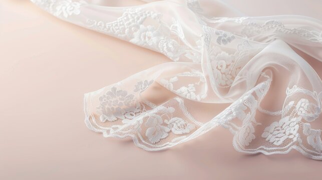 Exquisite lace handkerchief with intricate patterns, floating on a soft gradient background, spacious area for text overlay