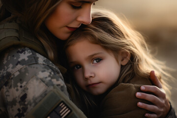 Portrait of ukrainian woman soldier hugging daughter generative ai